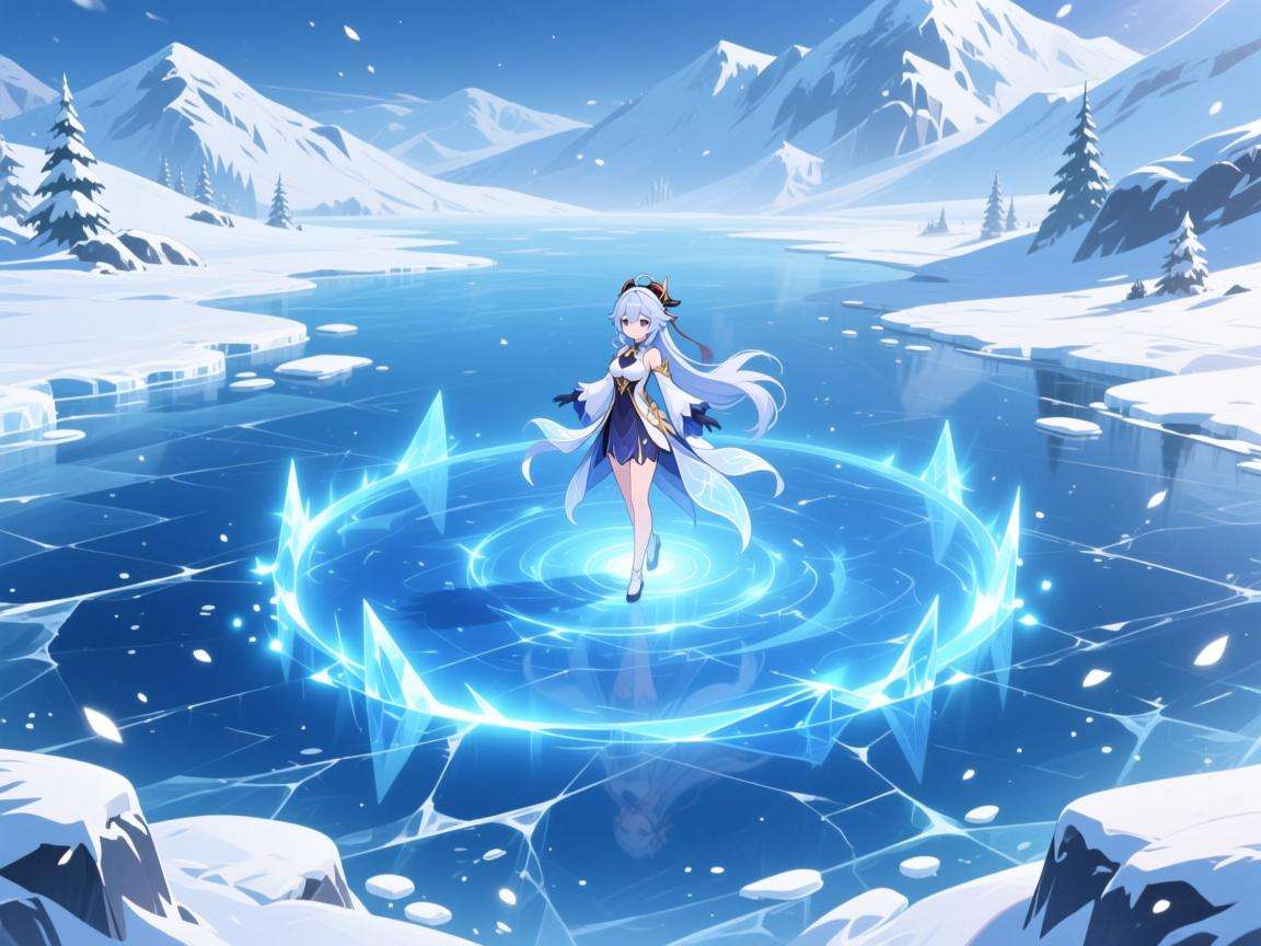 原神雪山冰面上，仙灵灵动旋转演绎梦幻之舞